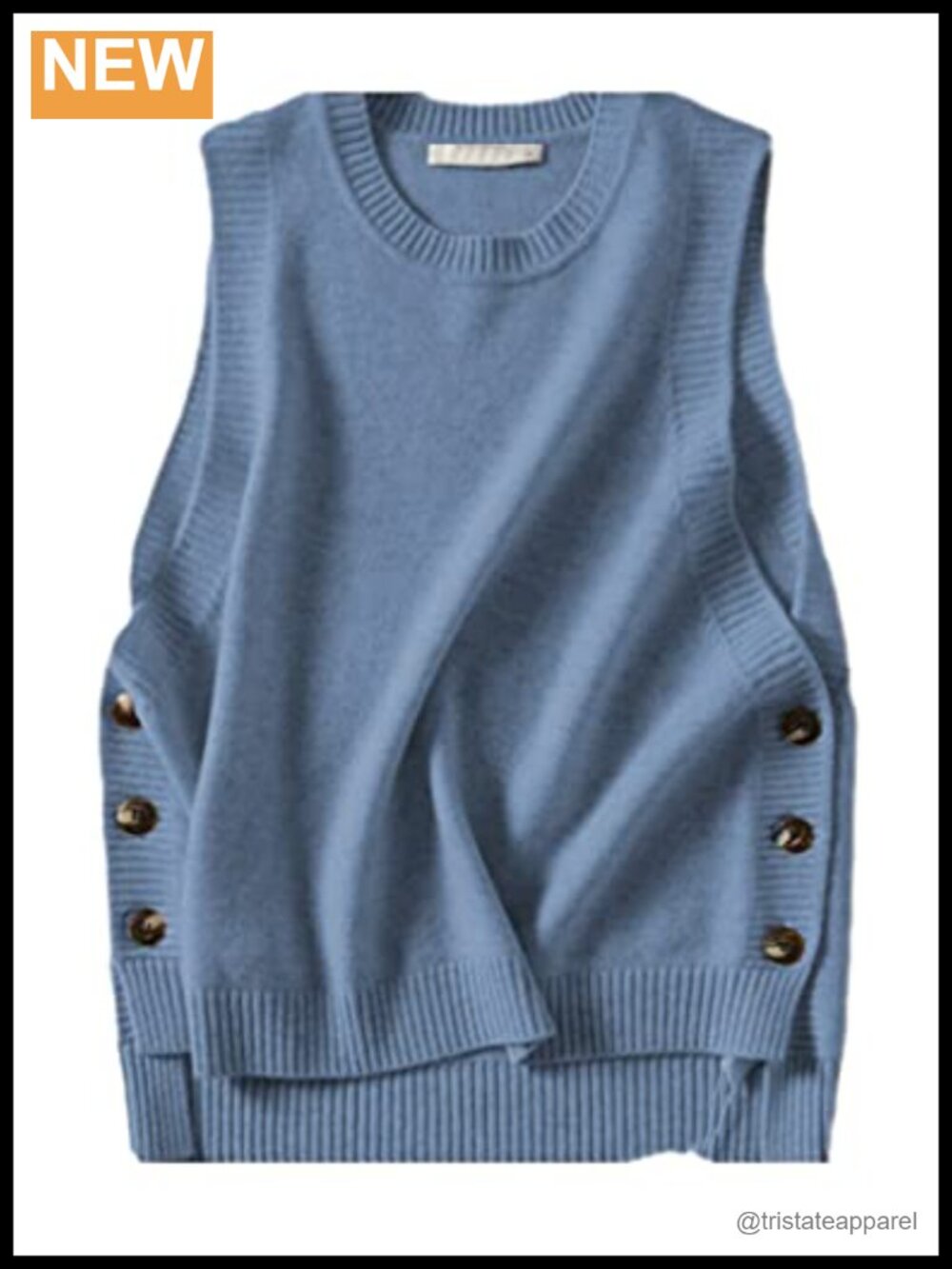 Ribbed Knit Sweater Vest Sleeveless Pullover Round Neck Button Side